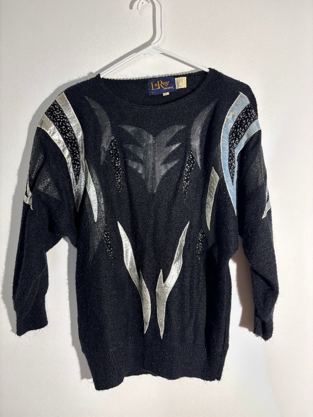 Vintage 80s LeRoy Knitwear Metallic Silver Abstract Applique Sweater- S